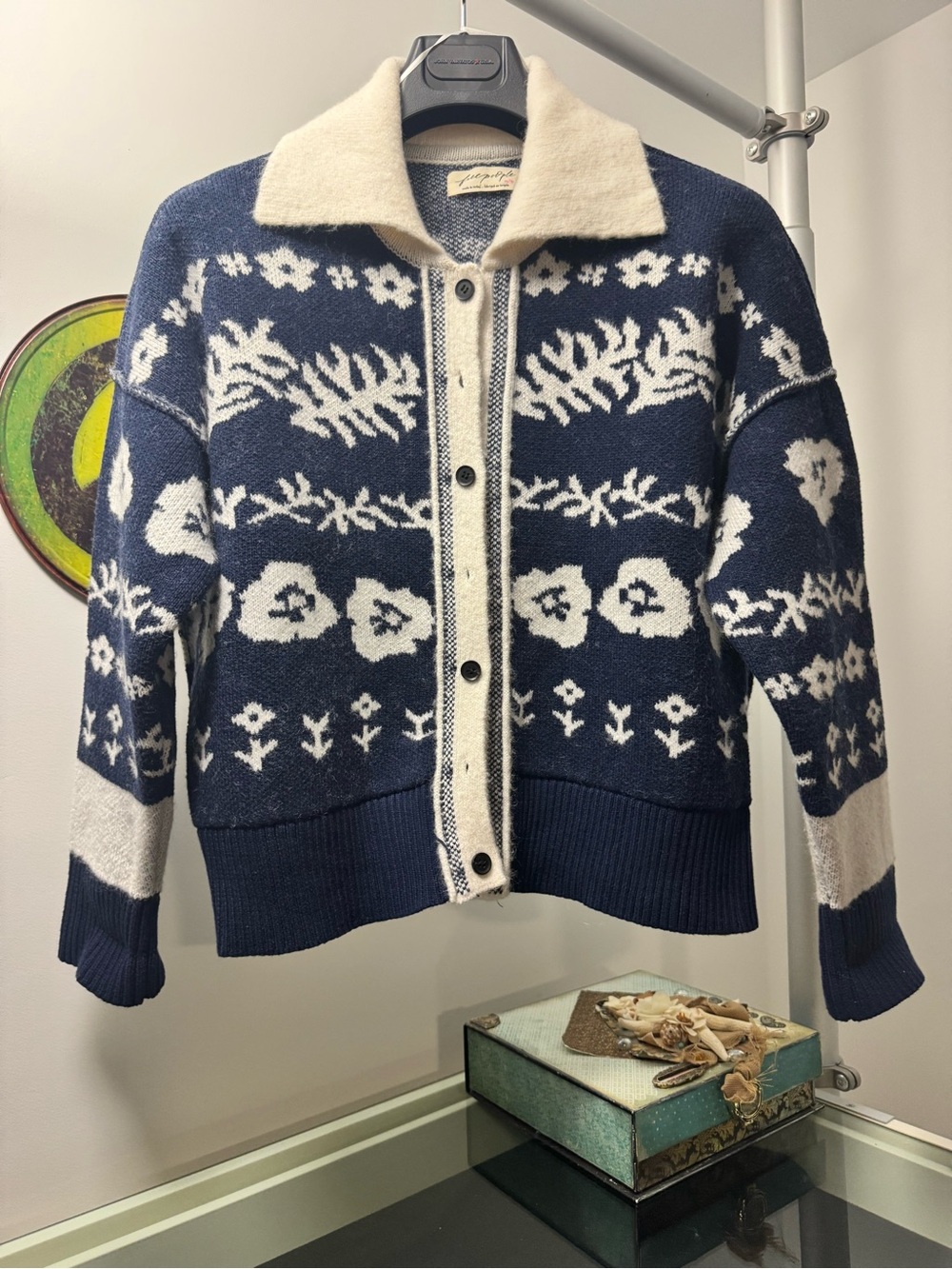 Free People Navy and Cream Floral Jacquard Cardigan